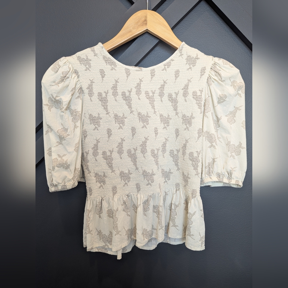 Express:Soft Cream, Subtle Gray Floral Print, Puff Sleeves, Smocking, Peplum Hem